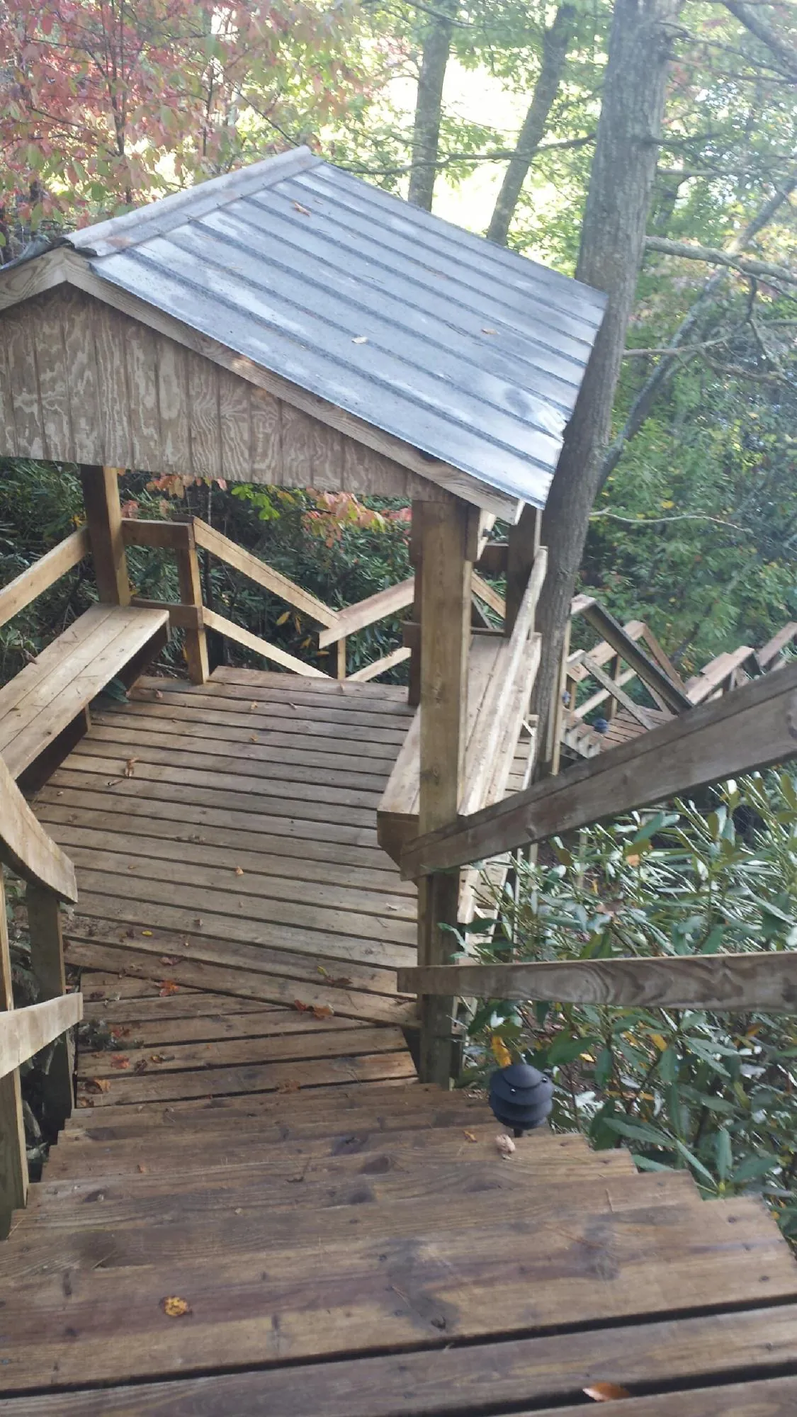 Metal roofed shelter over wooden steps on a wooded walkway — Skylight Repair & Installation work by our crew in Potrero